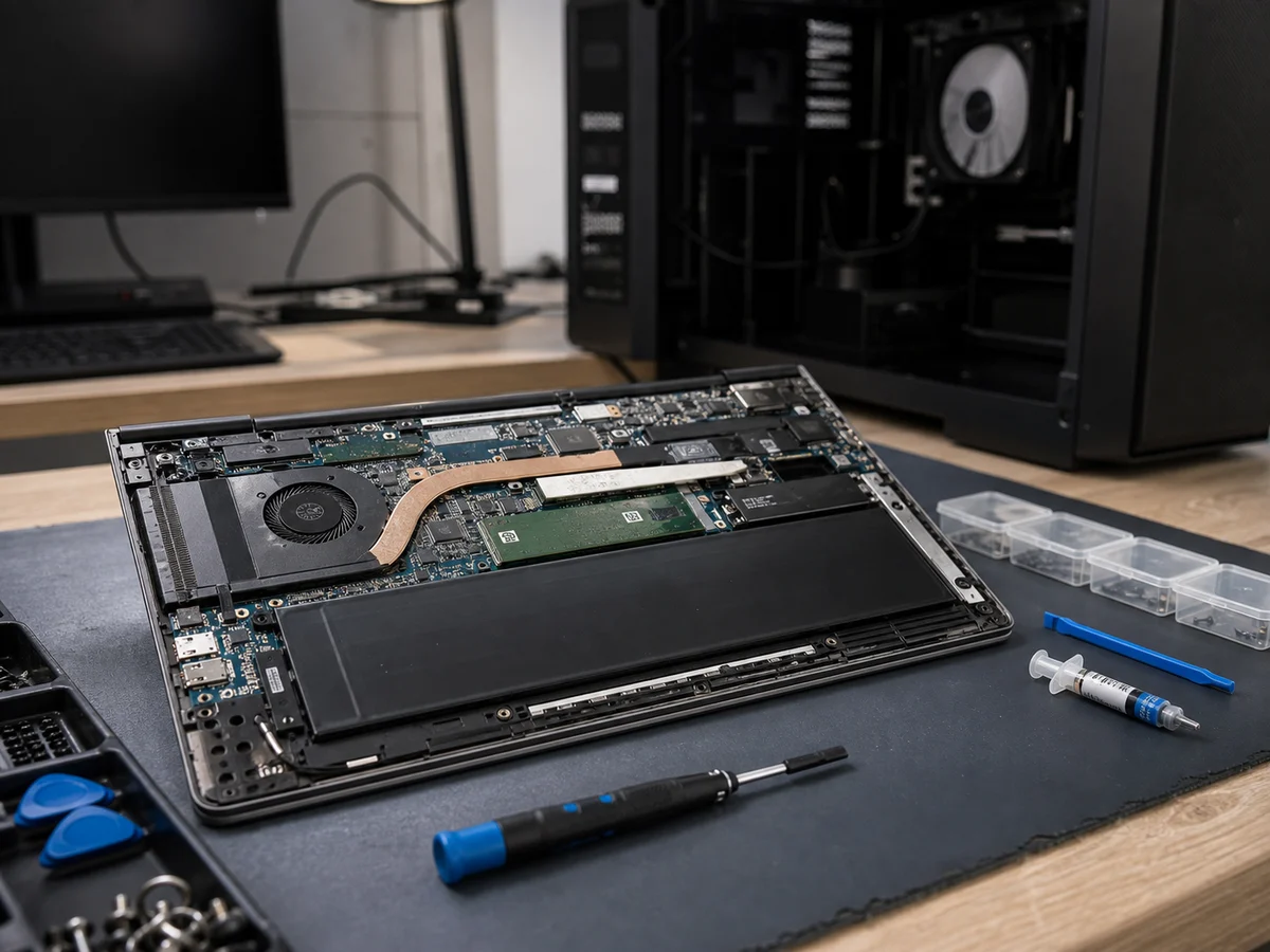 Laptop en desktop reparatie op een professionele diagnosewerkbank